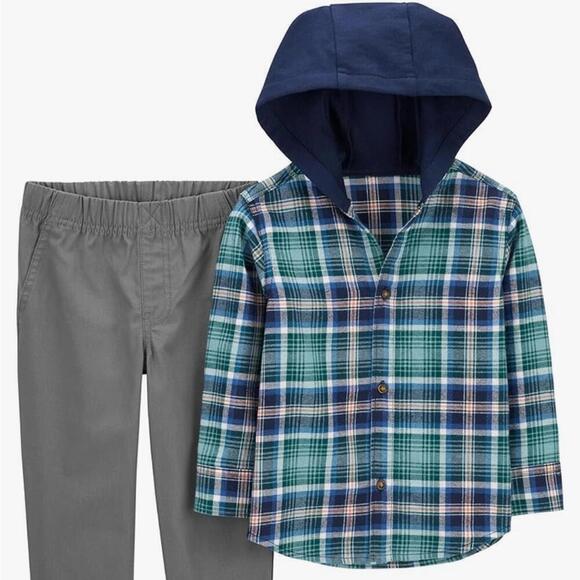 Carter's Boys'4T 2 Piece Long Sleeve Knit Top Pants (Navy/Grey Plaid hooded, 4T - Picture 1 of 7
